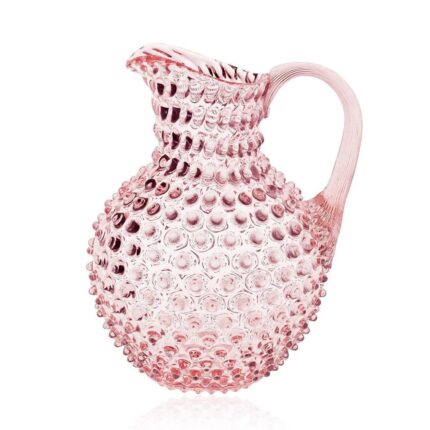 Blush Pink Hand-Blown Glass Water Jug – Hobnail Pattern Serveware